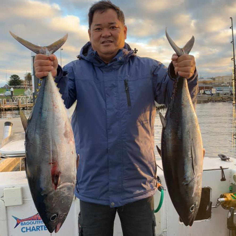 man with 2 bluefin tuna fish portland Victoria 2021